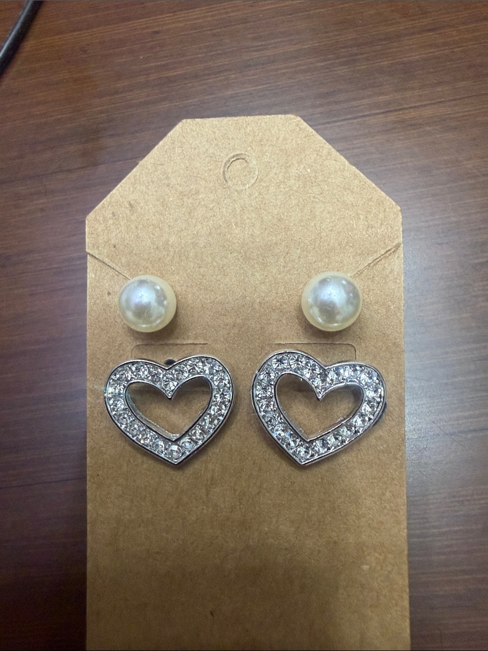 Source Unknown Pearl and Silver Crystal Heart Stud Earring Set